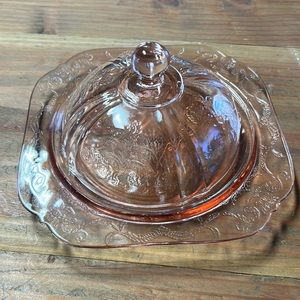 Pink depression glass covered dish